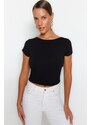 Trendyol Black Decollete Crop Cotton Stretch Knitted Blouse