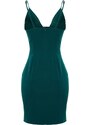 Trendyol Emerald Green, vypasované, elegantní večerní šaty s tkanou kravatou