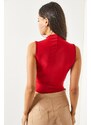 Olalook Women's Red Standing Collar Smocking Detail Crop Blouse