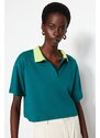 Trendyol Oil 100% Cotton Relaxed/Wide, Comfortable Fit Crop Colorful Polo Neck Knitted T-Shirt