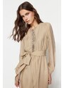 Trendyol Mink Belted Strip Detailed Wide Leg Woven Jumpsuit