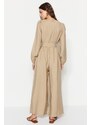 Trendyol Mink Belted Strip Detailed Wide Leg Woven Jumpsuit