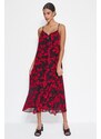 Trendyol Red Straight Cut Maxi Woven Chiffon Lined Floral Pattern Woven Dress
