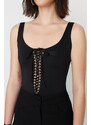 Trendyol X Sagaza Studio Black Lace-Up Detailed Printed Bodysuit