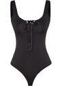 Trendyol X Sagaza Studio Black Lace-Up Detailed Printed Bodysuit