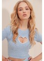 Trend Alaçatı Stili Women's Blue Crew Neck Heart Embroidery Half Sleeves Corduroy Camisole Crop Blouse