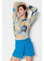 Trendyol Multicolored Printed Crewneck Long Sleeve Flexible Tulle Snapback Knitted Body