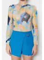 Trendyol Multicolored Printed Crewneck Long Sleeve Flexible Tulle Snapback Knitted Body