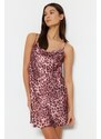 Trendyol Pink Satin Leopard Patterned Lace Collar Woven Nightgown