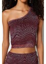 Trendyol Claret Red Printed Fitted/Skinned Knitted Blouse with Lined Flexible Tulle Crop