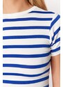 Trendyol Premium Saks Ecru Striped Viscous/Soft Fabric Crop Crew Neck Stretchy Knitted Blouse