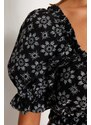 Trendyol Floral Patterned Crop Woven Balloon Sleeve 100% Cotton Blouse
