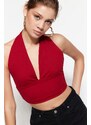 Trendyol Burgundy Halterneck Knitted Crop Top-fitted Blouse