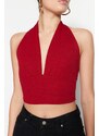 Trendyol Burgundy Halterneck Knitted Crop Top-fitted Blouse