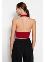 Trendyol Burgundy Halterneck Knitted Crop Top-fitted Blouse