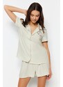 Trendyol Light Beige Motto Embroidered Shirt-Shorts, Woven Pajamas Set