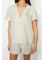 Trendyol Light Beige Motto Embroidered Shirt-Shorts, Woven Pajamas Set