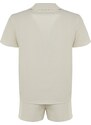 Trendyol Light Beige Motto Embroidered Shirt-Shorts, Woven Pajamas Set