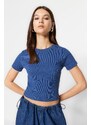 Trendyol Indigo Piping Detailed Crew Neck Crop Ribbed Stretchy Knitted Blouse