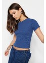 Trendyol Indigo Piping Detailed Crew Neck Crop Ribbed Stretchy Knitted Blouse