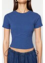 Trendyol Indigo Piping Detailed Crew Neck Crop Ribbed Stretchy Knitted Blouse