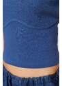 Trendyol Indigo Piping Detailed Crew Neck Crop Ribbed Stretchy Knitted Blouse