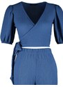 Trendyol Indigo Double Breasted Collar Balloon Sleeves Textured Fabric Knitted Top-Upper Suit