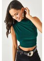 Olalook Women's Emerald Green Stand-Up Collar Pull-Detail Crop Blouse