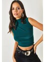 Olalook Women's Emerald Green Stand-Up Collar Pull-Detail Crop Blouse