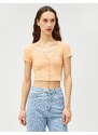 Koton Crop T-Shirt V Neck Short Sleeve Buttoned