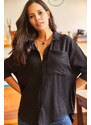 Olalook Women's Black Buttoned Back Long Textured Oversize Shirt