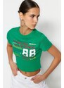 Trendyol Green 100% Cotton Slogan Printed Fitted Crop Knitted T-Shirt