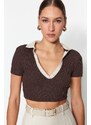 Trendyol Brown Fitted Polo Neck Crop Ribbed Stretch Knitted Blouse