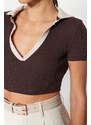 Trendyol Brown Fitted Polo Neck Crop Ribbed Stretch Knitted Blouse