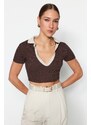 Trendyol Brown Fitted Polo Neck Crop Ribbed Stretch Knitted Blouse