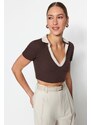 Trendyol Brown Fitted Polo Neck Crop Ribbed Stretch Knitted Blouse