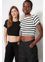 Trendyol Premium Black-Ecru Black Striped 2 Pack Viscose Crop Stretchy Knitted Blouse