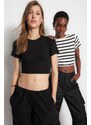 Trendyol Premium Black-Ecru Black Striped 2 Pack Viscose Crop Stretchy Knitted Blouse