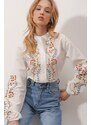 Trend Alaçatı Stili Women's White Stand-Up Collar Poplin Shirt With Embroidered Front And Sleeves