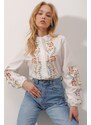 Trend Alaçatı Stili Women's White Stand-Up Collar Poplin Shirt With Embroidered Front And Sleeves