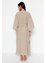Trendyol Beige Belted Maxi Woven Linen Look Kimono&Kaftan