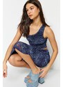 Trendyol Navy Blue Printed Knitted Blouse with Fitted/Sticky Tulle Crop and Lined
