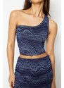 Trendyol Navy Blue Printed Knitted Blouse with Fitted/Sticky Tulle Crop and Lined