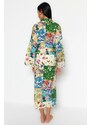 Trendyol Floral Pattern Belted Maxi-Weave 100% Cotton Kimono & Caftan