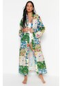 Trendyol Floral Pattern Belted Maxi-Weave 100% Cotton Kimono & Caftan