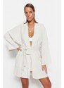 Trendyol Bridal Ecru Belted Mini Woven Linen Blended Kimono & Kaftan