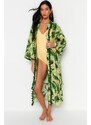 Trendyol Tropical Patterned Belted Midi Woven Kimono & Kaftan 100% Cotton with Tassels