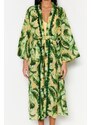 Trendyol Tropical Patterned Belted Midi Woven Kimono & Kaftan 100% Cotton with Tassels