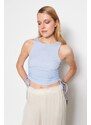 Trendyol Light Blue Shirring Detail Crescent Fabric Crop Knitted Blouse