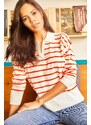 Olalook Women's Orange Polo Neck Striped Knitwear Blouse